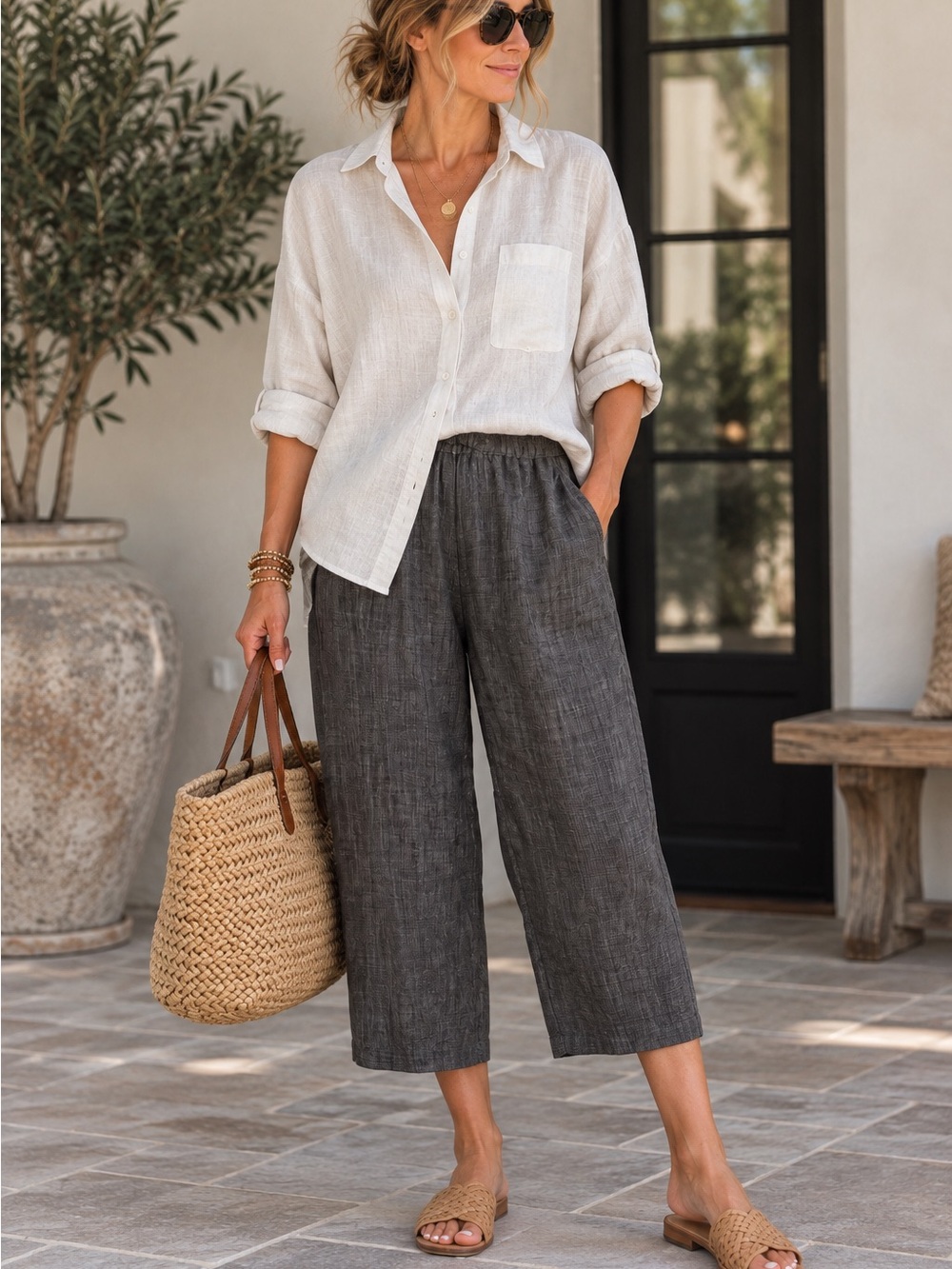 FLAX Linen Pants L Charcoal Gray Pull On Wide Leg Cropped Lagenlook Minimalist